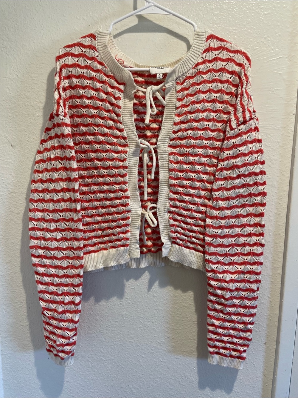 ❤️ Willow & Wind Red Striped Open Crochet Tie-Front Crop Cardigan L 🍓
